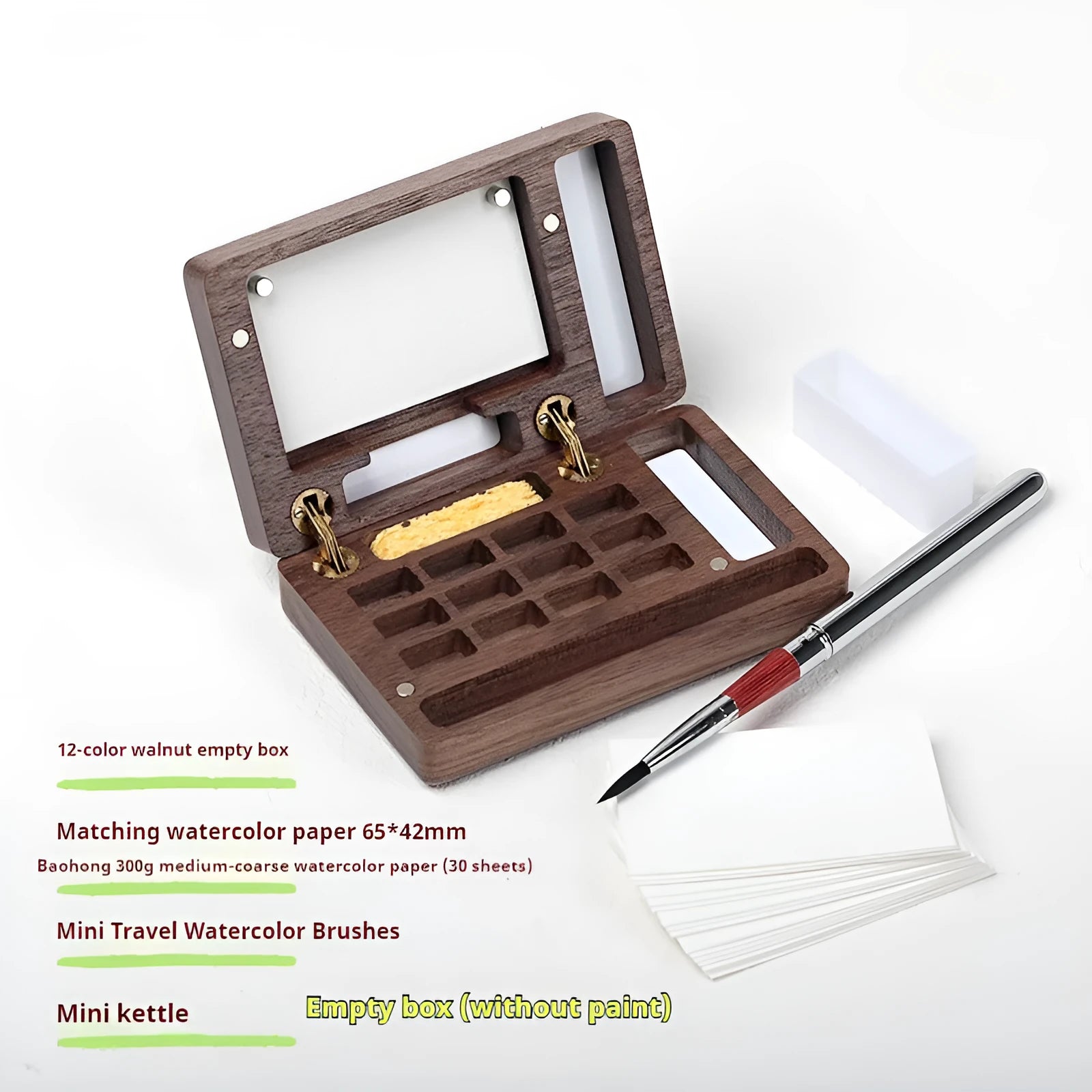Mini walnut watercolour paint box with pigment sets and leather carrying bag
