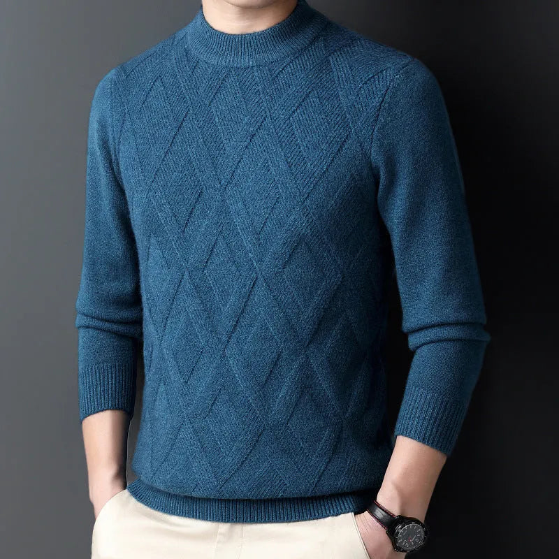 Men's diamond jacquard winter wool sweater in light camel colour, plus size thermal pullover