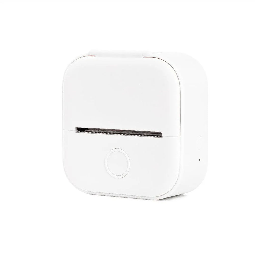 Phomemo T02 mini thermal label printer in white, showing front view with roll of sticky paper