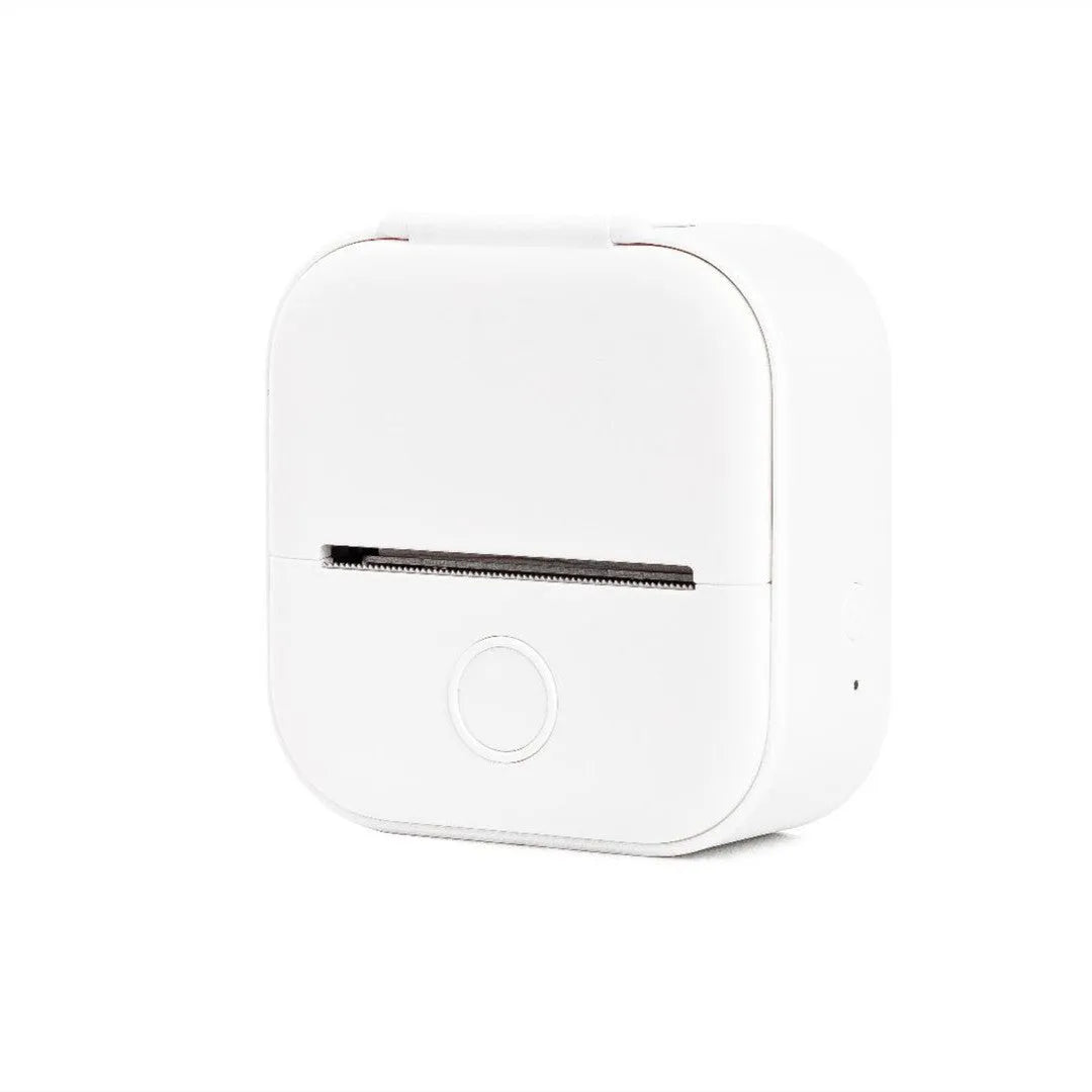 Phomemo T02 mini thermal label printer in white, showing front view with roll of sticky paper