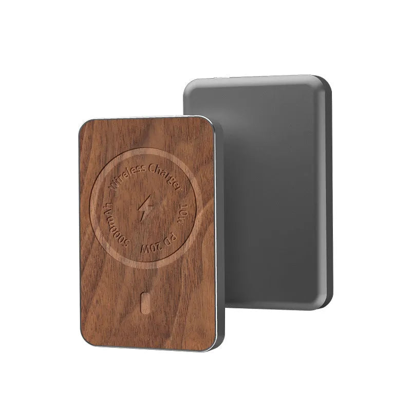 Khaki coloured alloy wireless power bank with magnetic suction, showing dimensions and USB port.