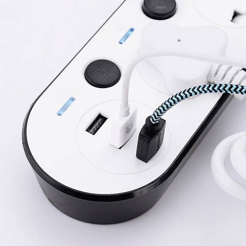 Multi-switch international power strip with UK, US, and EU plug options and USB charging ports.