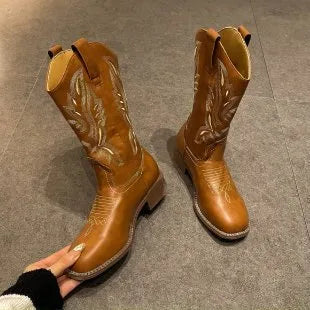 Brown women's mid-calf Martin boots with embroidery pattern and square heel