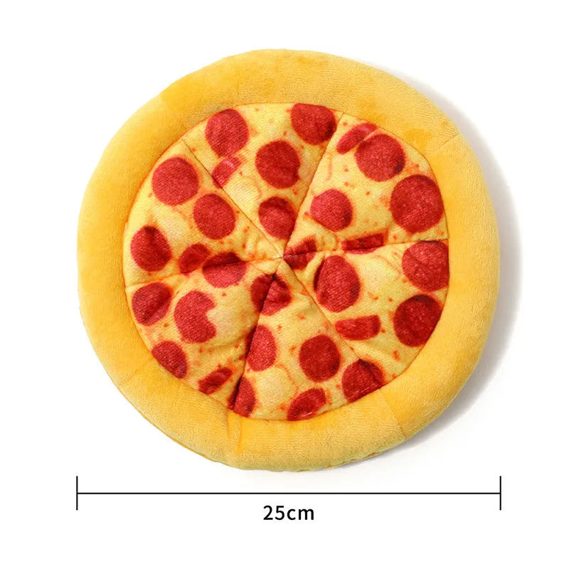 Yellow pizza slice shaped dog chew toy with textured pepperoni and crust details