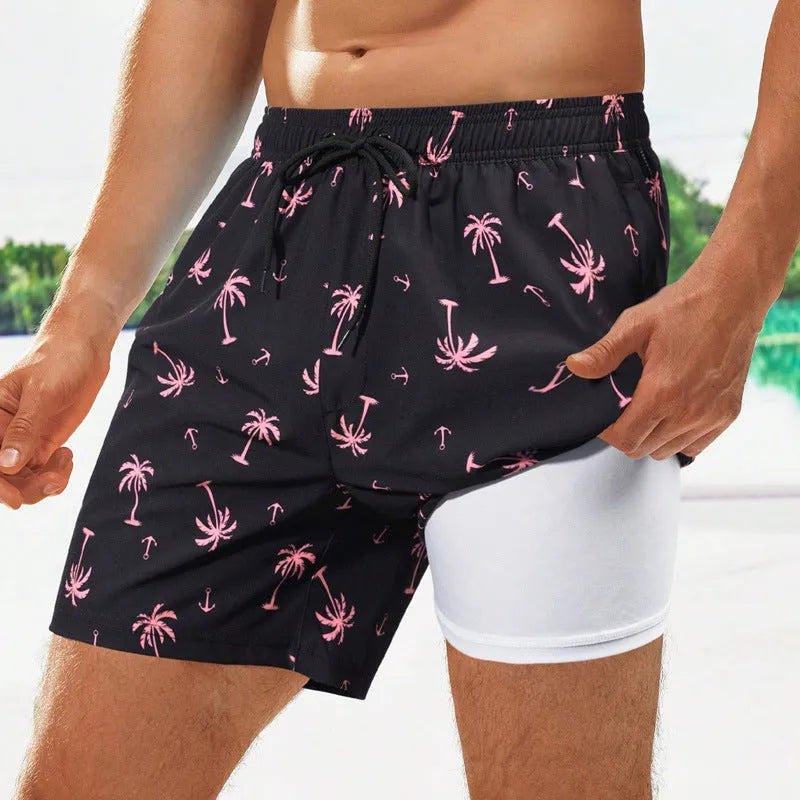 Men's loose swimming trunks with elastic waistband in multiple colour patterns including floral and aquatic designs