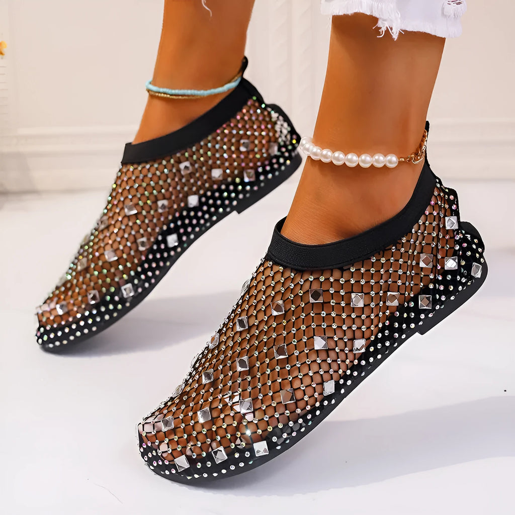 Women's flat sandals with mesh upper, colourful rhinestone design, and round toe