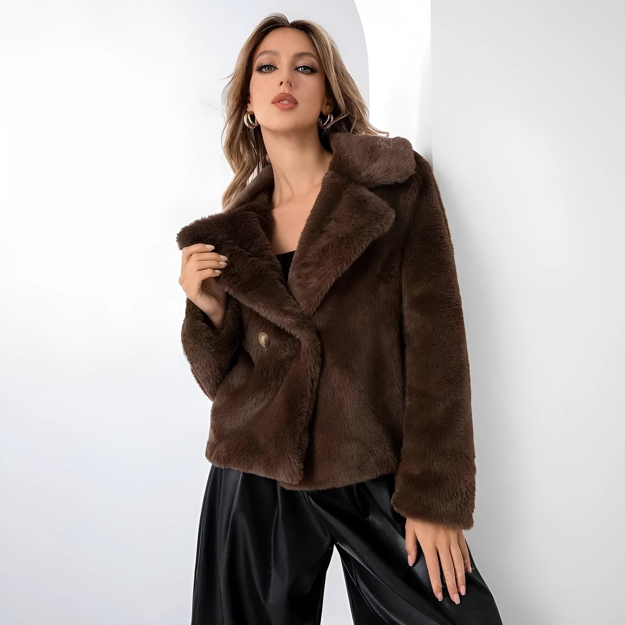 Women's rose red faux fur coat with regular sleeves and 50cm length