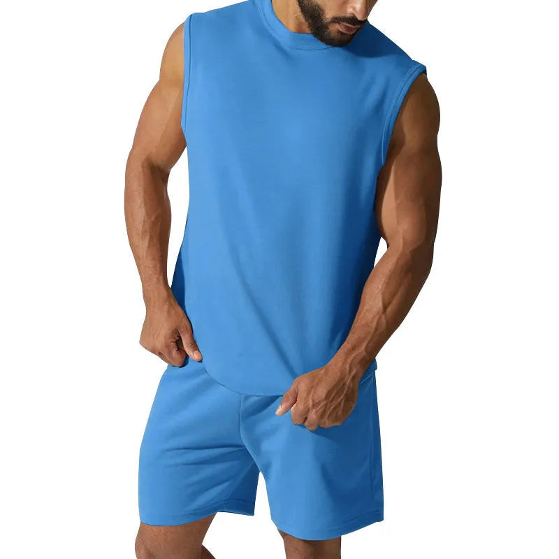 Men's sleeveless top and shorts cotton blend sports suit set in multiple solid colours