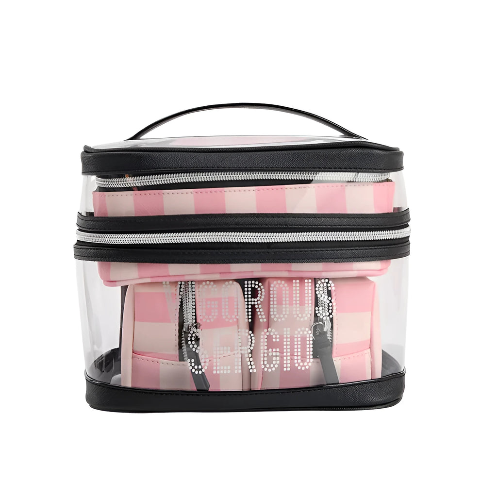 Pink bold stripes makeup bag with floral pattern, synthetic leather waterproof cosmetic organiser with folding design