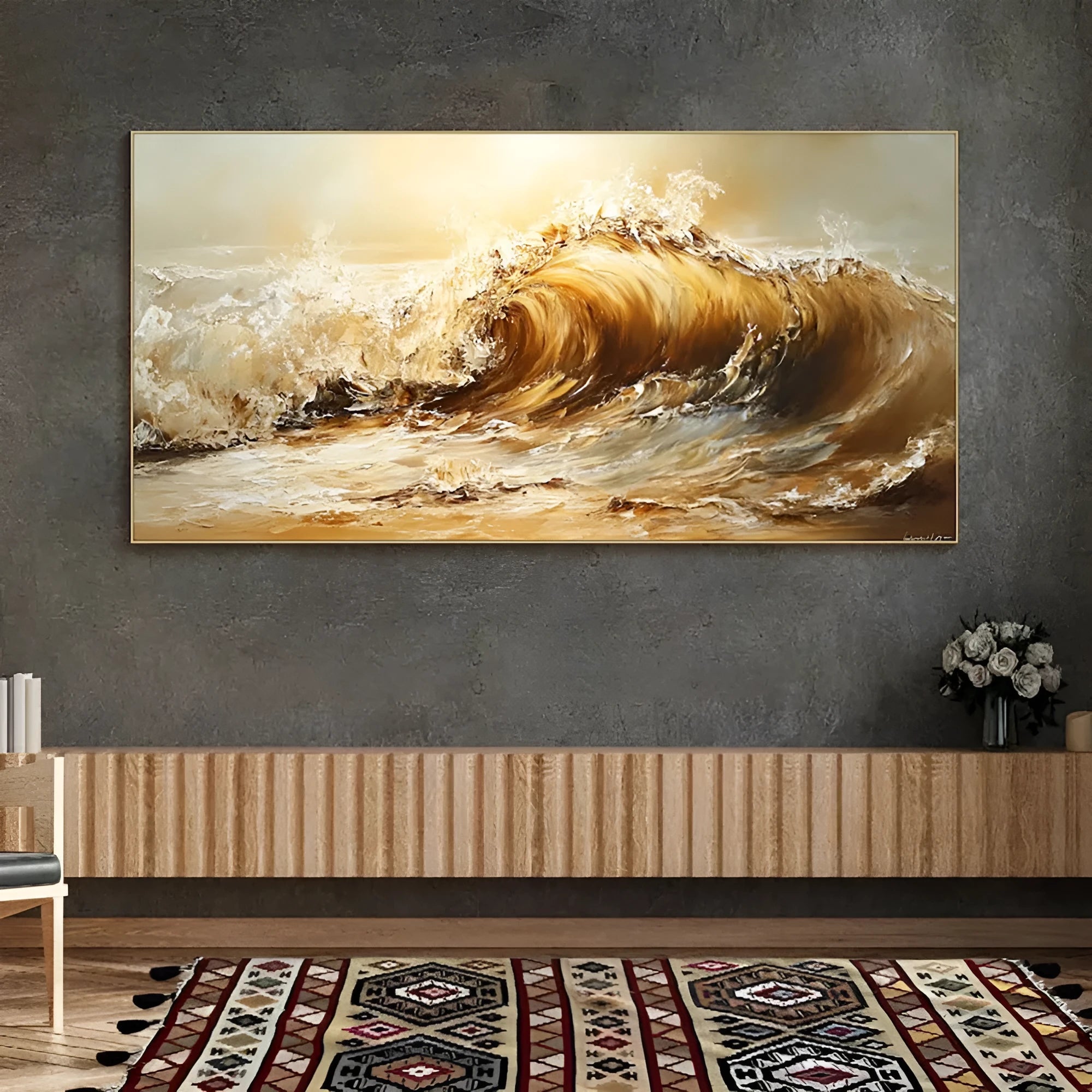 Hand-painted abstract yellow waves landscape oil painting canvas wall art
