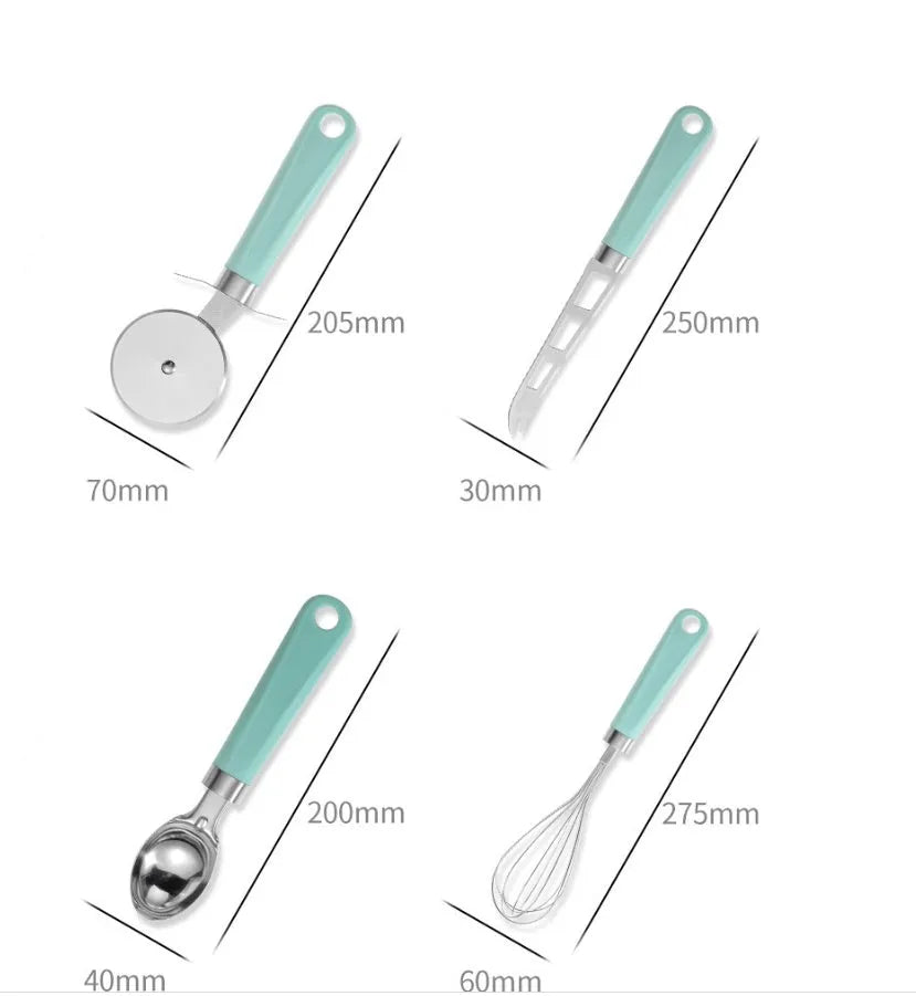 Set of nine stainless steel kitchen utensils with plastic handles in green, black, black and red, and black and green colour options on a light background