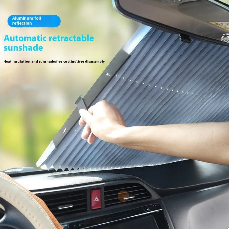 Automatic retractable reflective aluminum film car windscreen sunshade with suction cups in multiple sizes