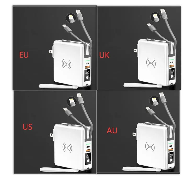 Black PD20W power bank with wireless charging and flip-out UK US EU AU plug adapters