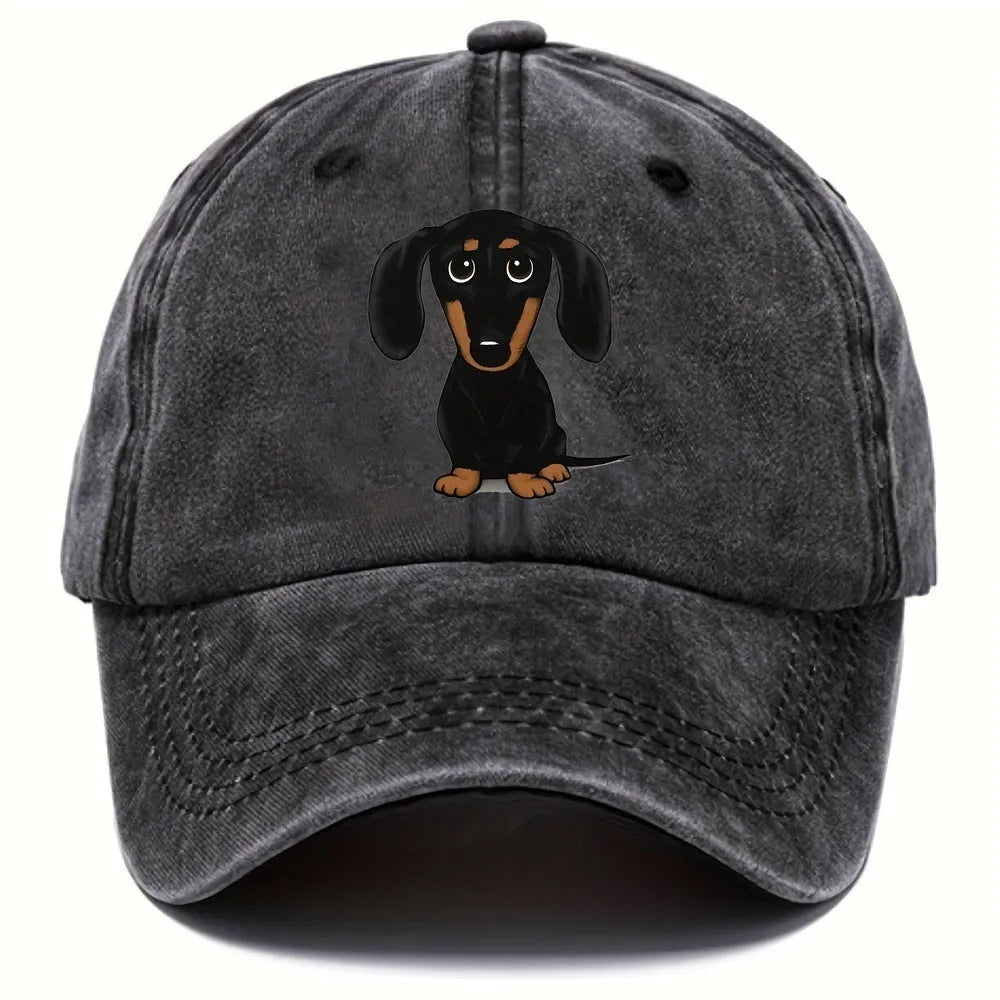 Retro washed baseball cap with printed Dachshund design in dome crown style
