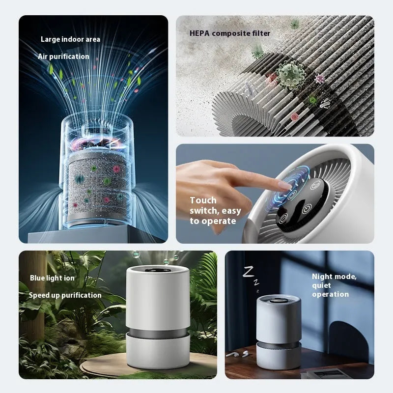 White EJ-JHQ101 desktop air purifier with simple style on a table next to a Type-C cable.