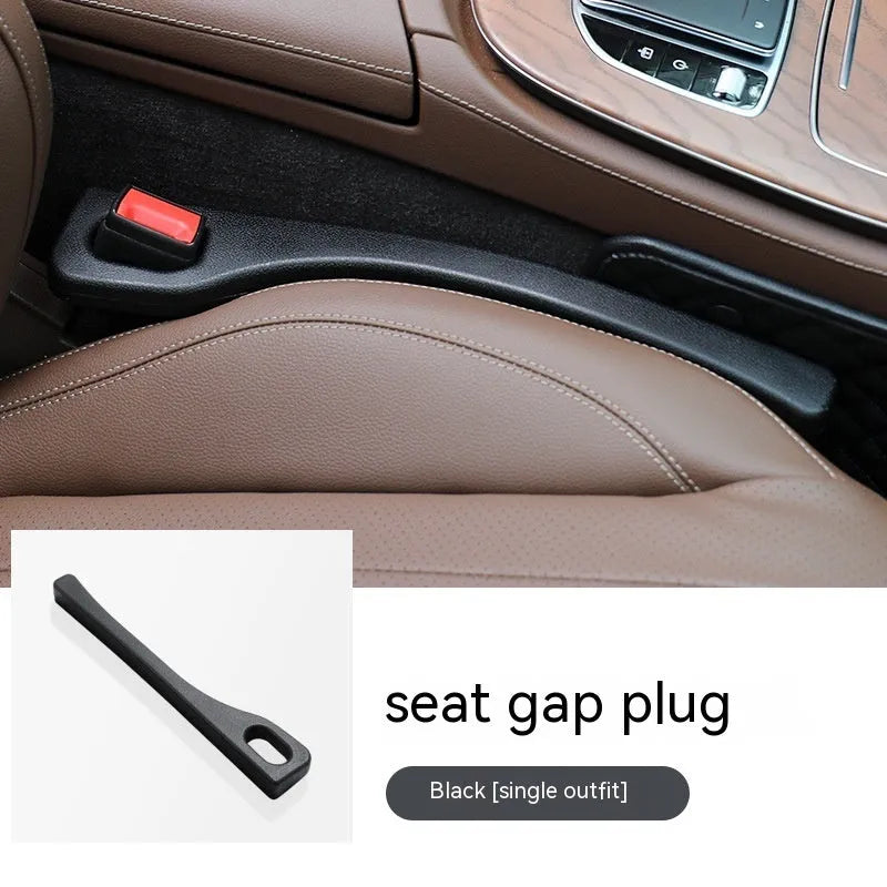 Flexible polyurethane car seat gap filler strip in beige colour on a car seat.