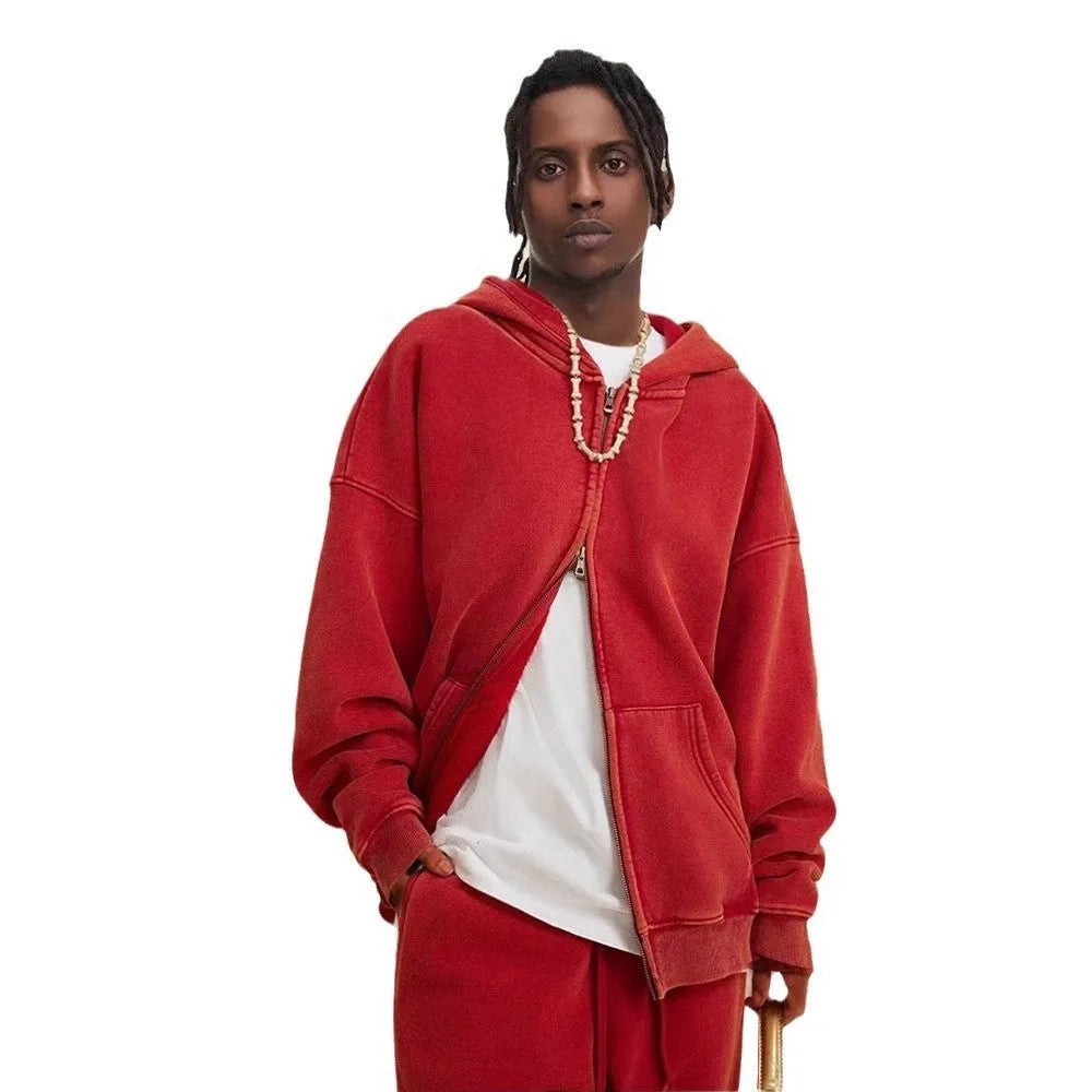 Men's washed cotton hooded cardigan with fleece lining and double zipper in vintage style