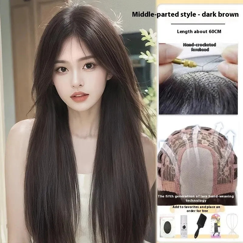Long straight black wig with forehead lace and side bangs made from high temperature fibre.