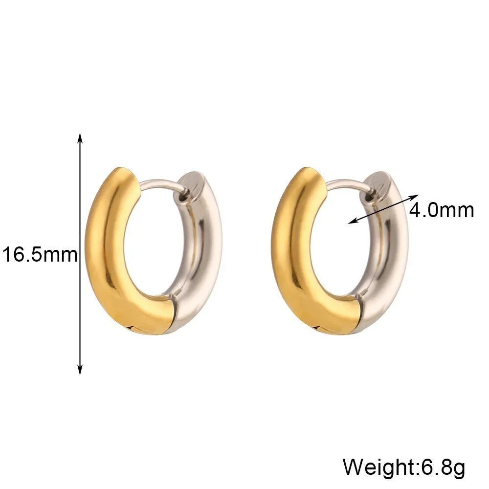 Women's geometric gold stainless steel jewellery set showing earrings, bracelet and necklace