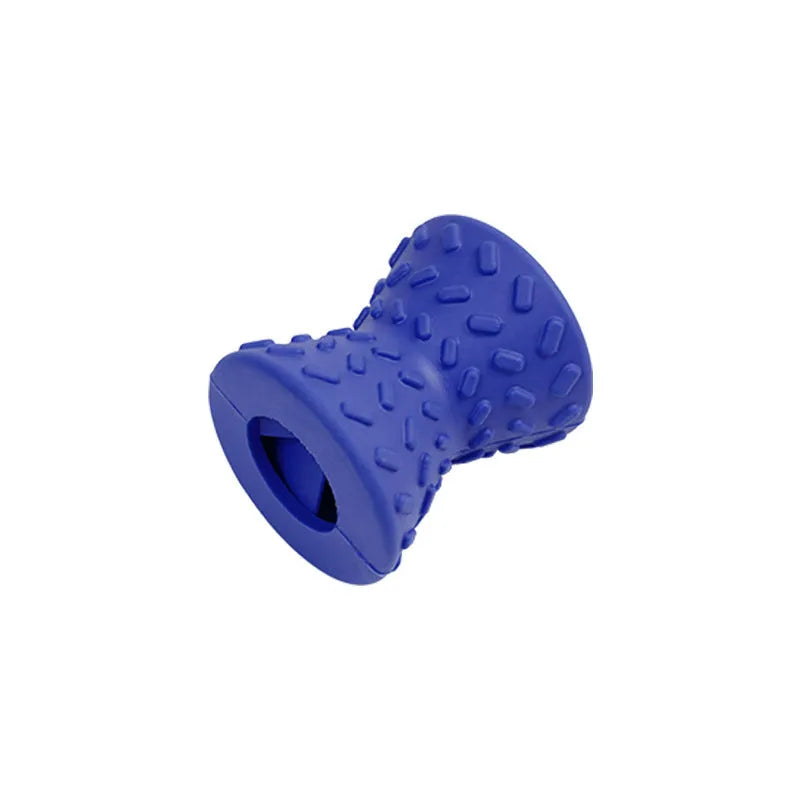 Blue natural rubber hollow dog bone treat dispensing toy with leakage holes.