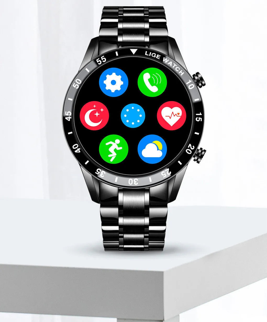 Smart watch with stainless steel wristband and 1.3-inch touch screen display showing time interface