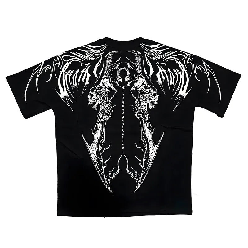 Dark style loose fit plus size cotton short-sleeved t-shirt on a hanger, showing gilding detail.