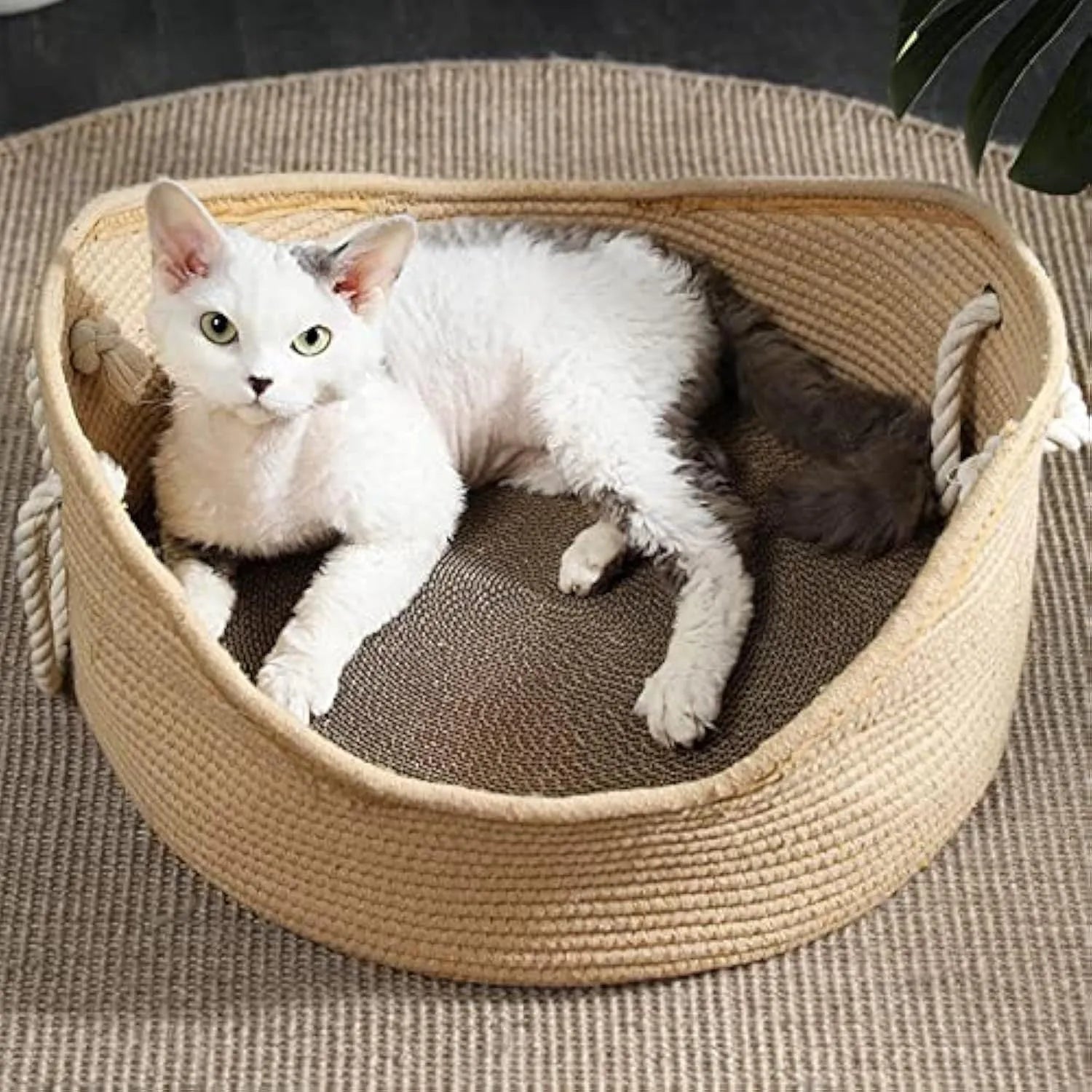Wicker cat bed basket with corrugated scratching surface in two size options