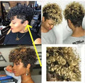 Women's short synthetic wig with simple rolls styling in exotic design showing Kanekalon fibre construction