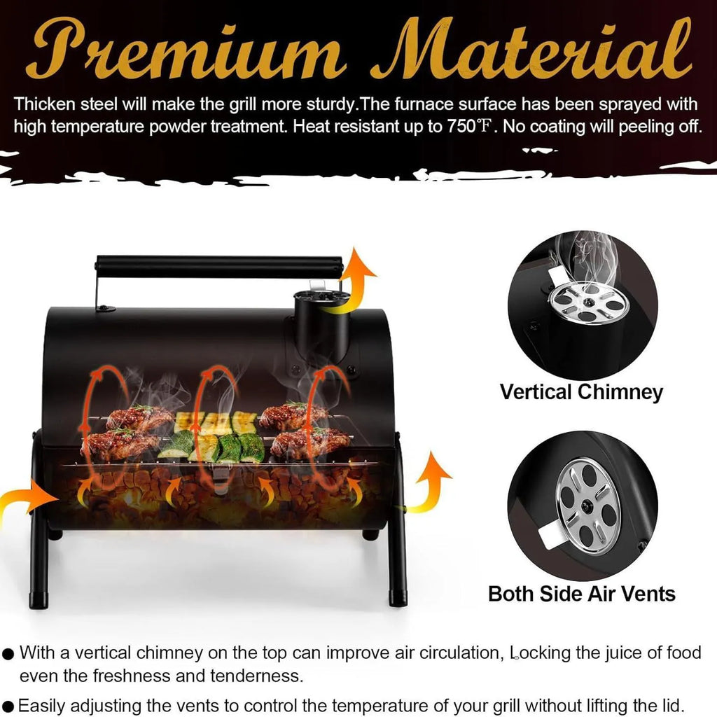 Small folding desktop charcoal barbecue grill with smoking device and metal cooking grill