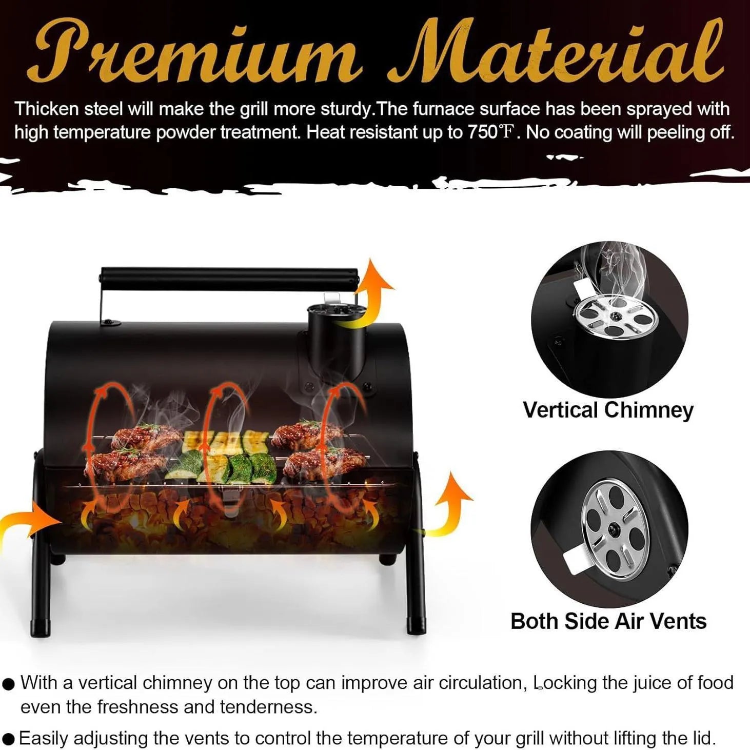 Small folding desktop charcoal barbecue grill with smoking device and metal cooking grill