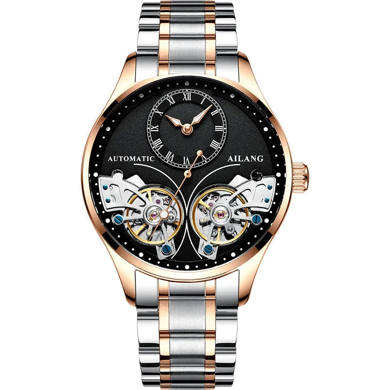 Men's automatic watch with tourbillon and moon phase complications in black steel case