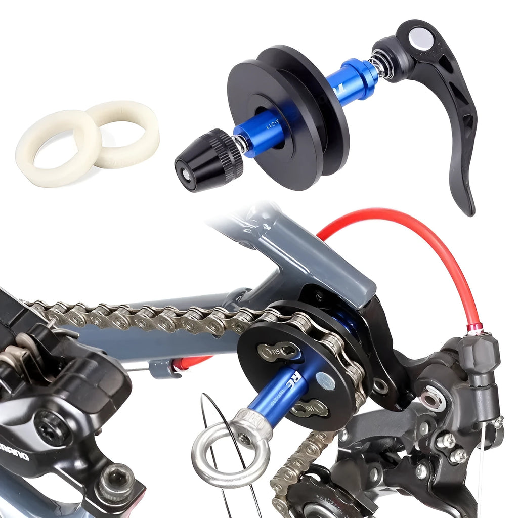 Aluminium bicycle chain holder tool showing three versions: Barrel Shaft, Basic, and Quick Release.