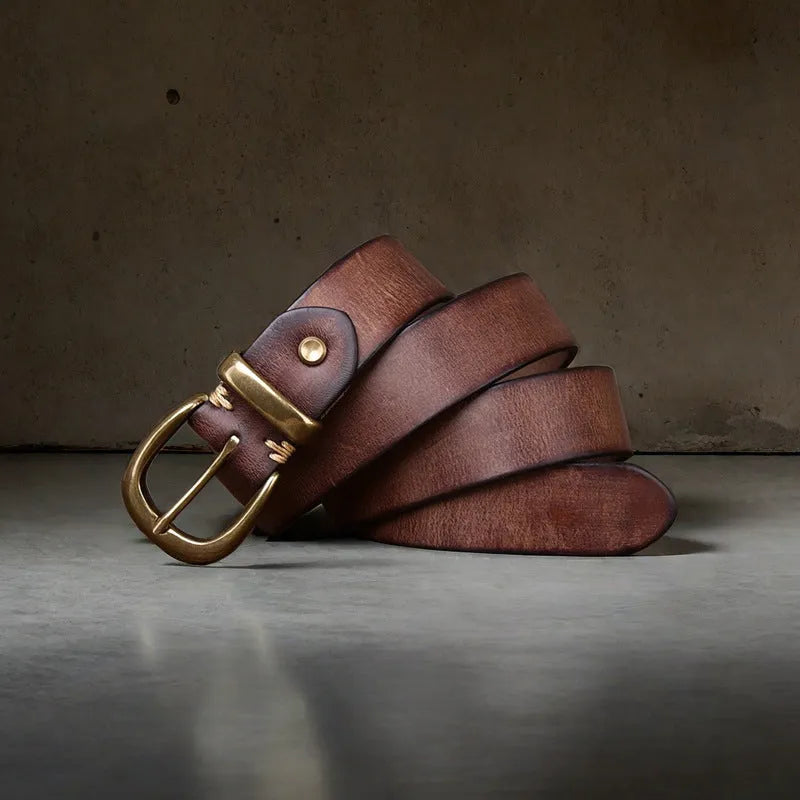 Men's casual jeans belt in cattlehide leather with copper buckle in black, brown, or khaki