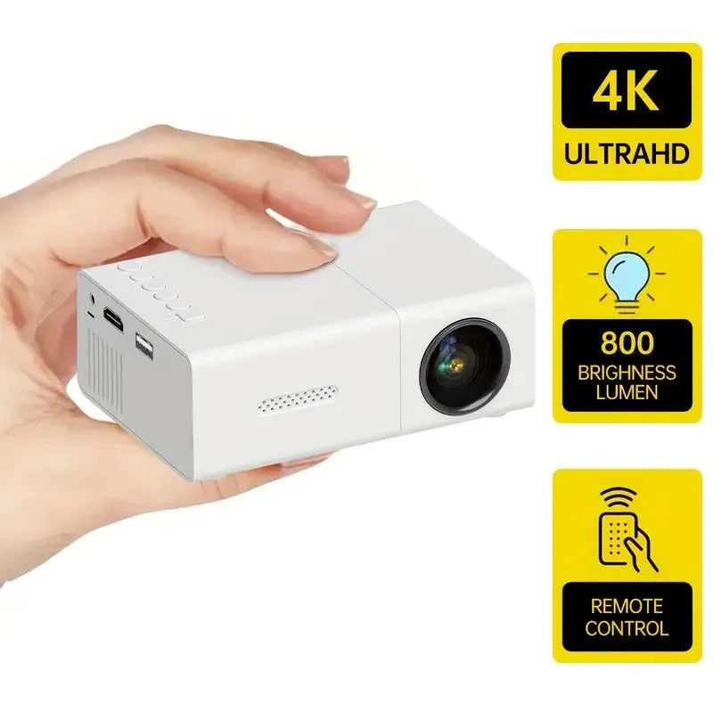 White or black M100 Mini Portable LED Projector displaying a large screen image.