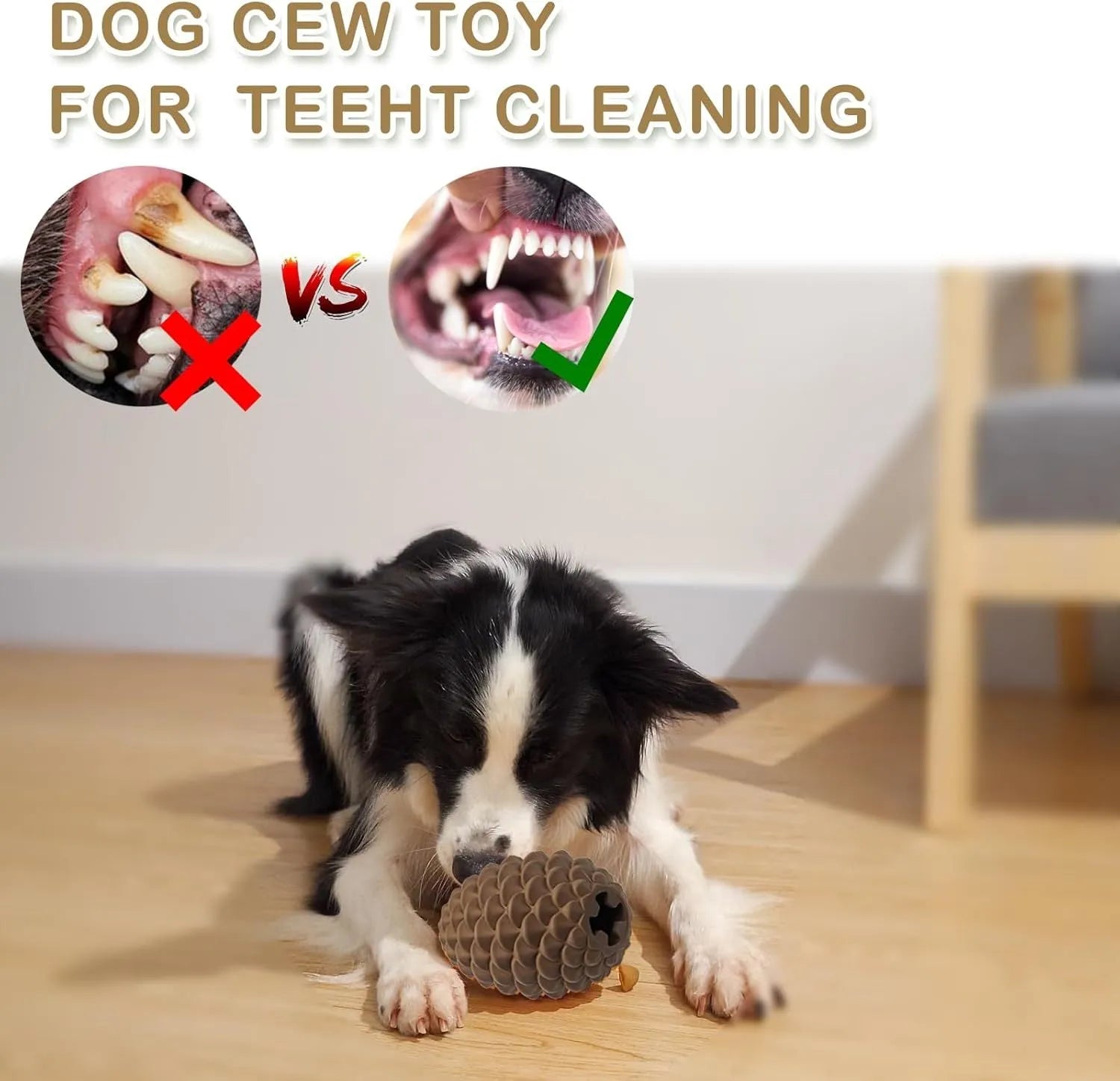Yellow pine cone shaped tough dog toy made from natural rubber with treat dispenser for large breed dogs.
