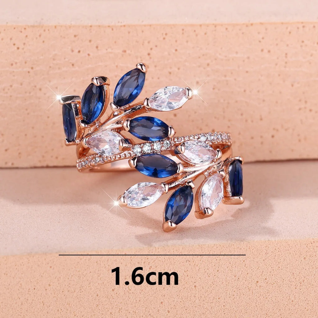 Adjustable copper leaf ring with zircon finishes in multiple colour options