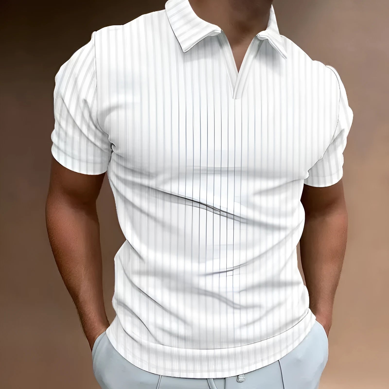 Men's striped V-neck polo shirt in cotton blend fabric for summer sports wear
