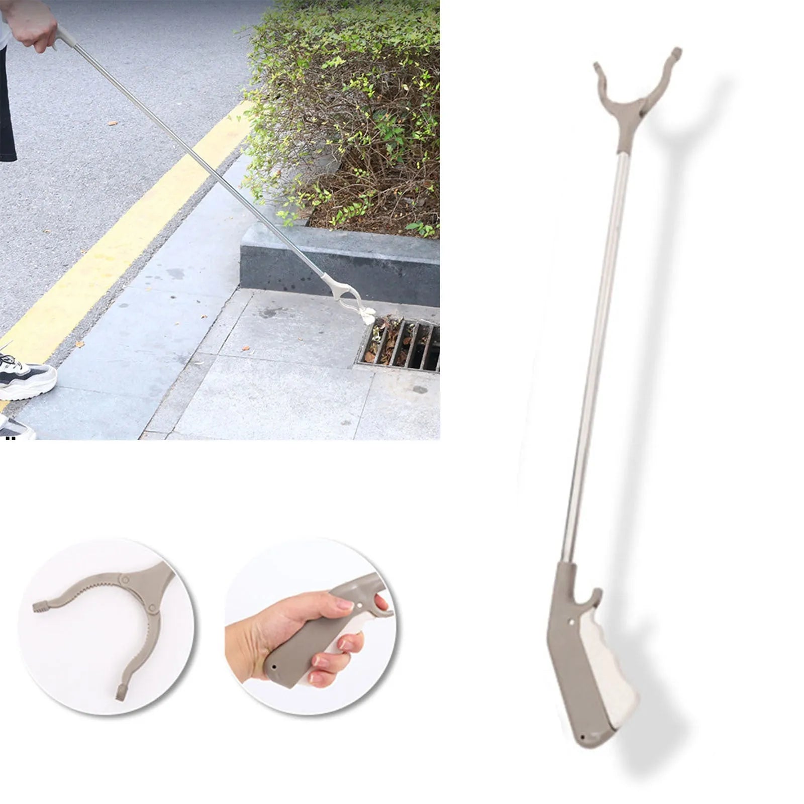 Stainless steel garbage picker pliers with 40cm extended shaft and push-type handle
