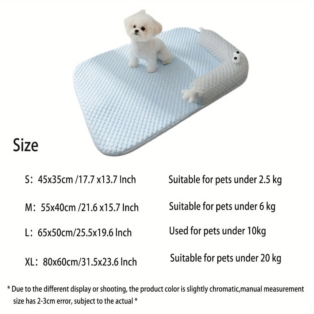 Blue pet cooling bed with large-eye monster design on non-slip polyester mat for dogs and cats