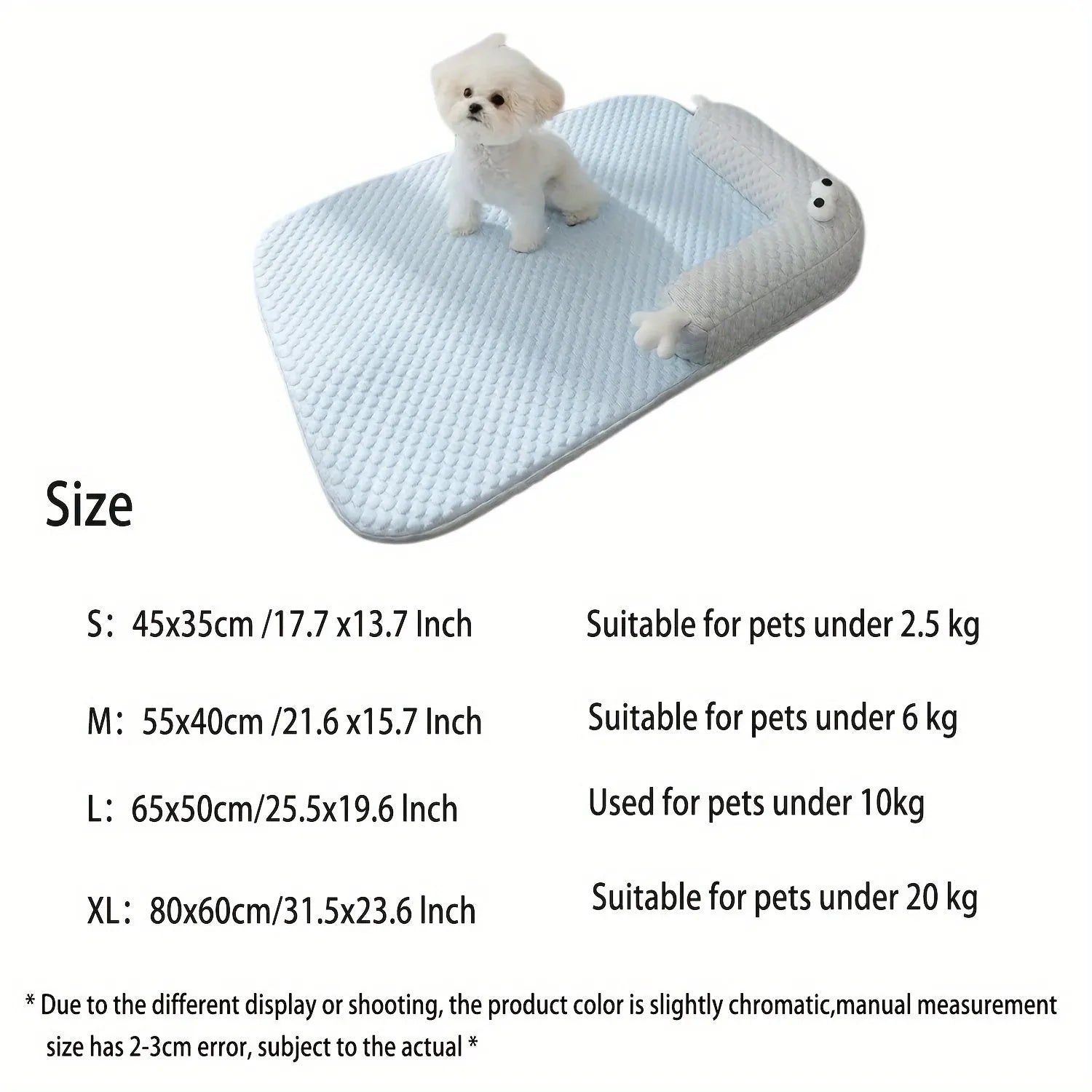 Blue pet cooling bed with large-eye monster design on non-slip polyester mat for dogs and cats