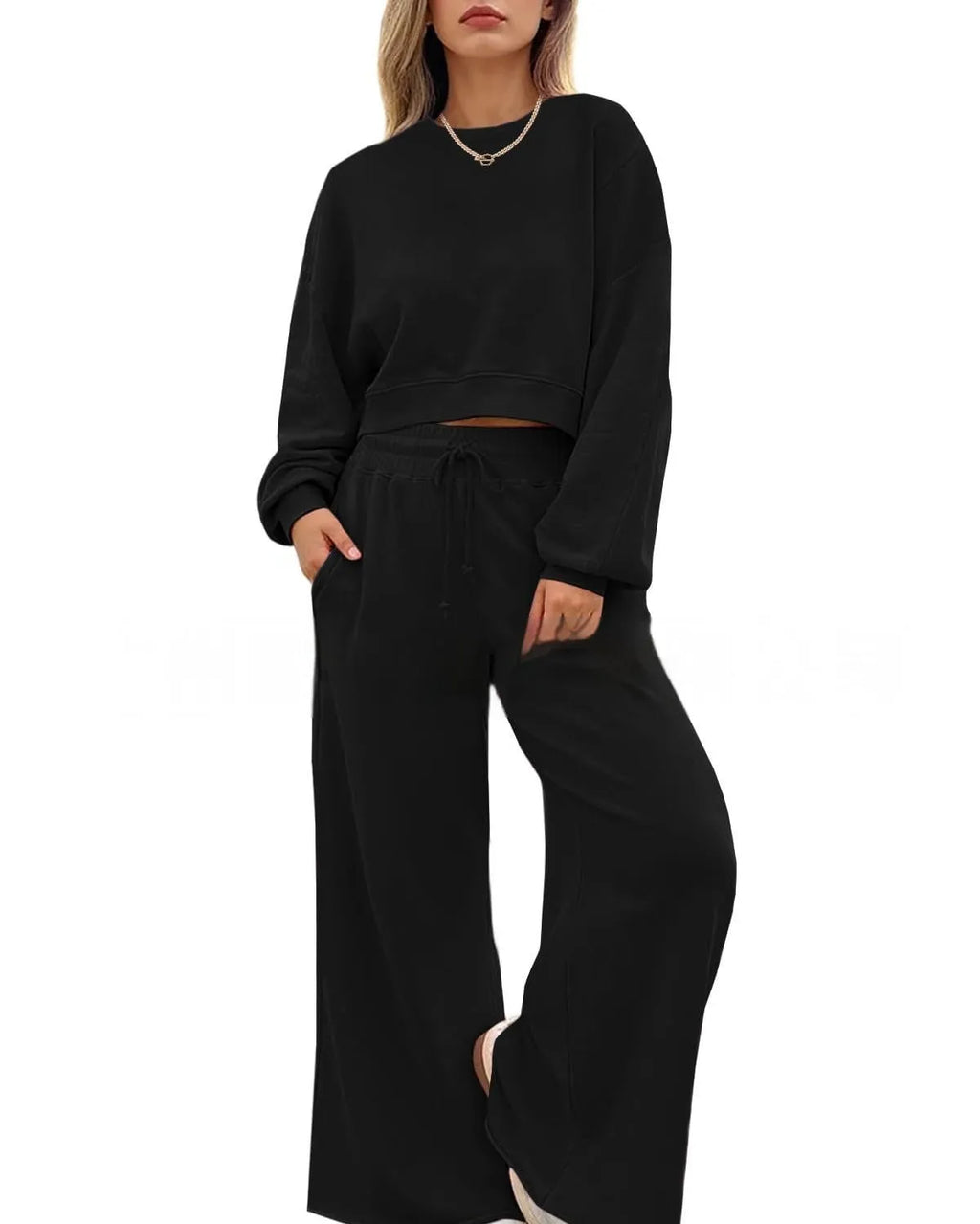 Women's solid colour long sleeve top and trousers two-piece casual set
