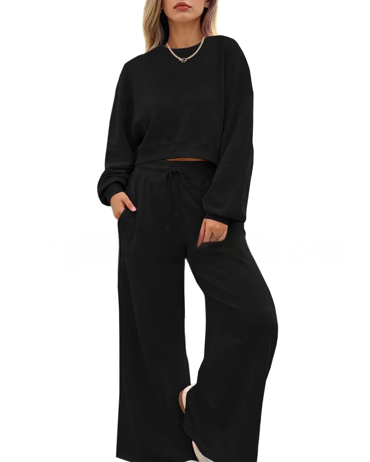 Women's solid colour long sleeve top and trousers two-piece casual set