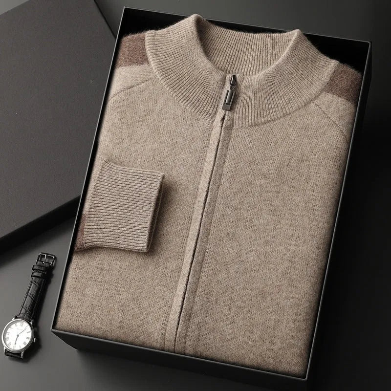 Men's camel coloured cashmere blend half turtleneck zip cardigan and trousers suit set