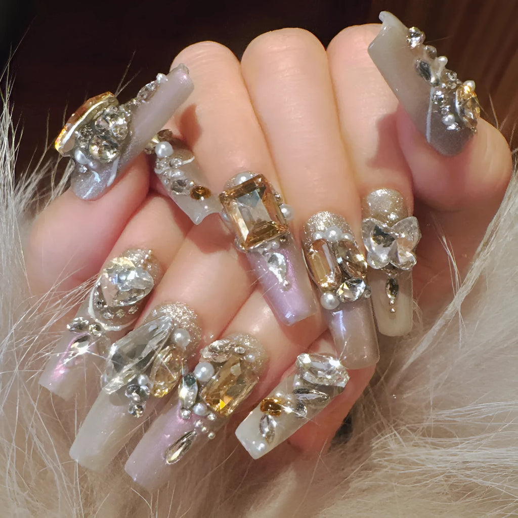 Luxury rhinestone flash false nail patches in S size with adhesive or tool set options