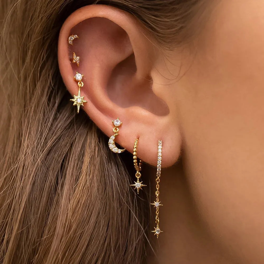 Six gold-plated zircon stud earrings with chain and tassel pendant designs for women