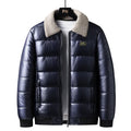 Men's thickened PU leather winter jacket with lapel collar in light blue and black, sizes M to 5XL