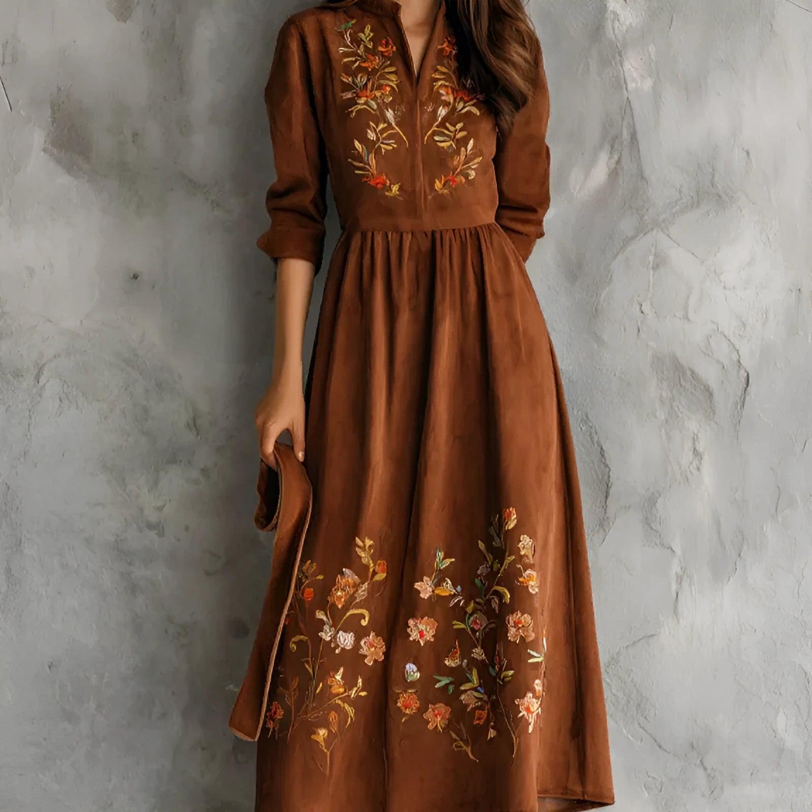 Brown midi dress with floral embroidery on suede-textured fabric, knee-length vintage style