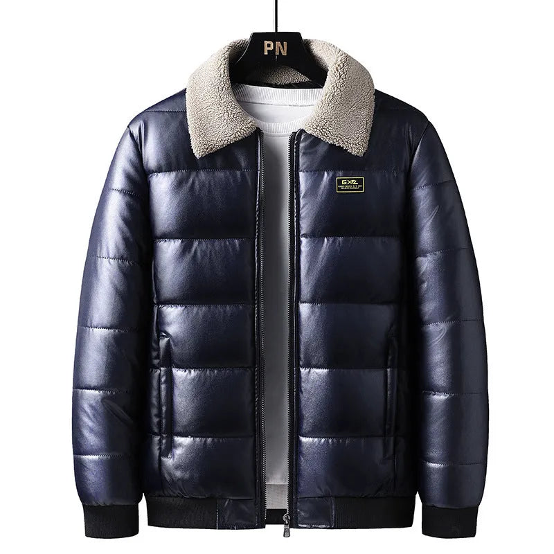 Men's thickened PU leather winter jacket with lapel collar in light blue and black, sizes M to 5XL