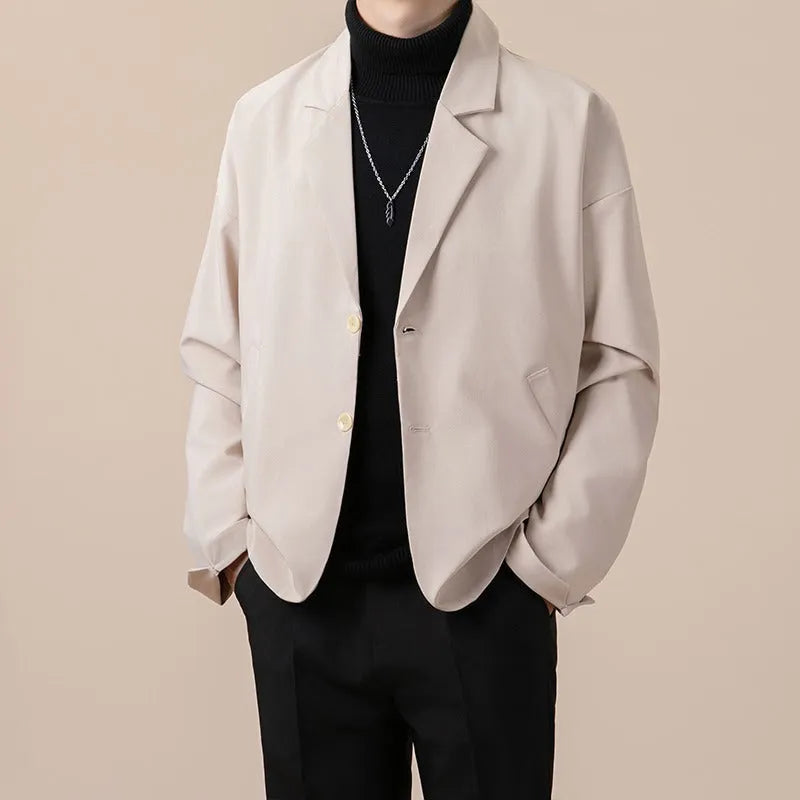 Men's loose casual suit jacket in apricot colour with long sleeves and regular length