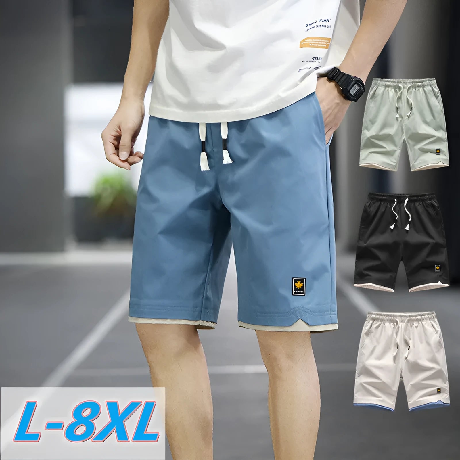 Men's straight loose fit casual beach shorts in green on a mannequin, showing elastic waistband.